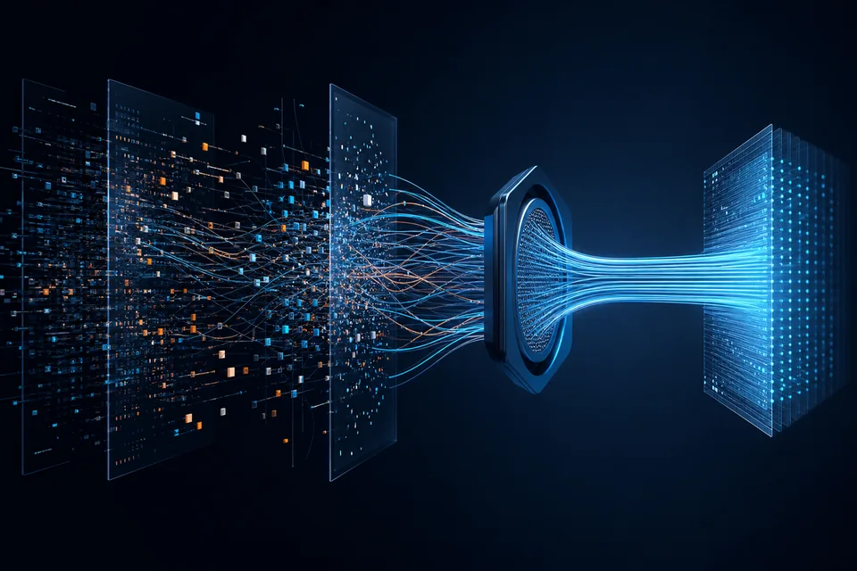 Fragmented data flowing through a filter into a trusted, connected dataset