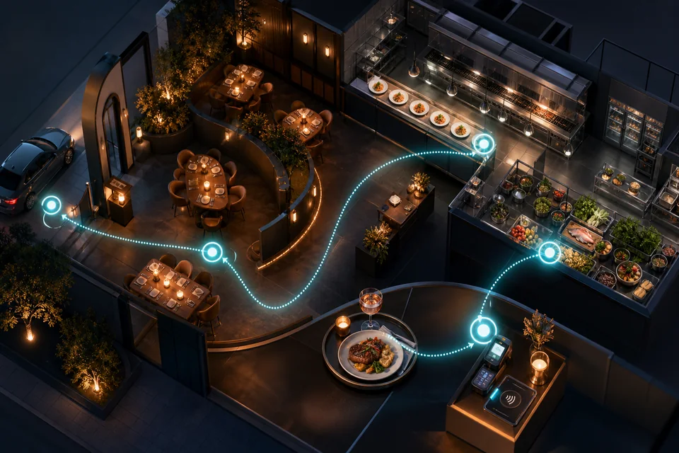 Connected restaurant journey from arrival and dining through kitchen service and payment